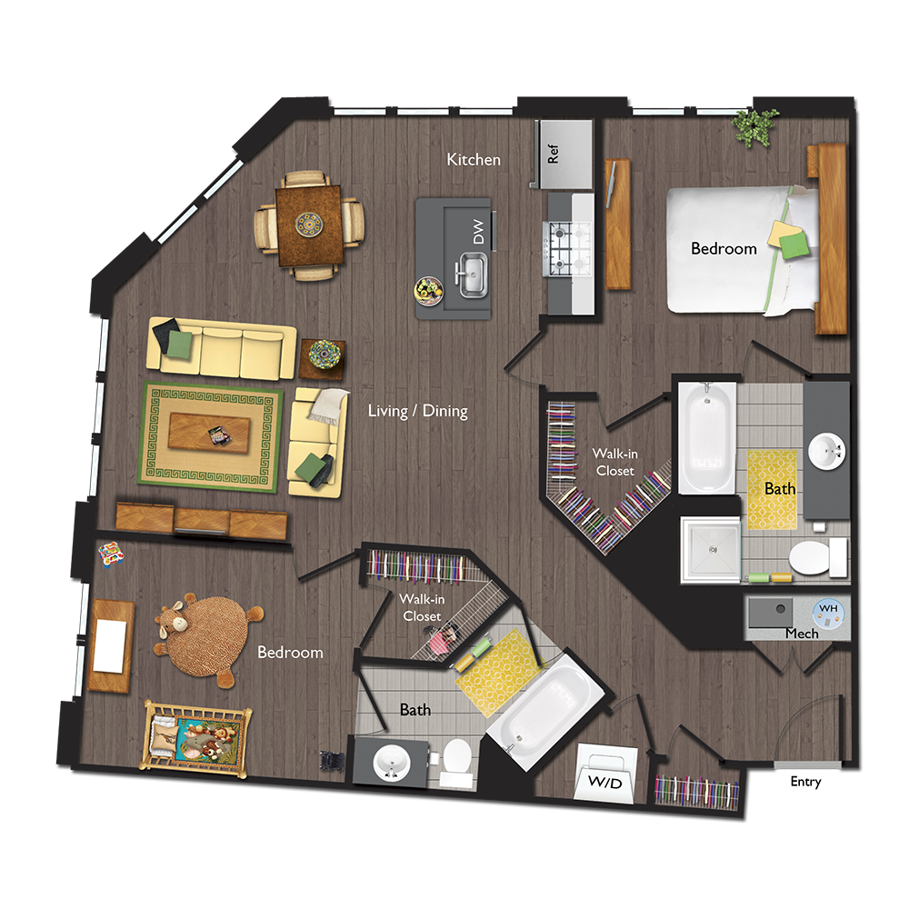 Floor plan for 2 beds, 2 baths, 1102 sqft